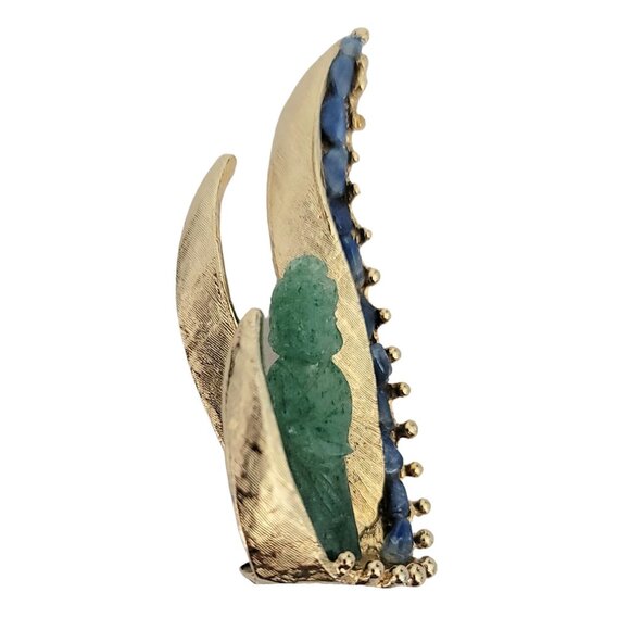 Gold Tone Bamboo Leaf Green Blue Stone Asian Carved Figural  Gold Tone Bamboo Leaf Green Blue Stone Asian Carved Figural Brooch, M183